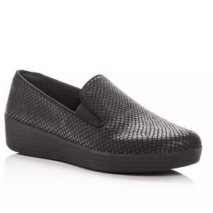 FitFlop Black Superskate Snake Embossed Leather Sneaker Loafers 6